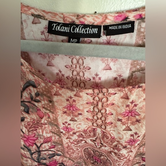Tolani Collection Petite Printed Woven Caftan Tunic Pink Floral Bird size MP - Picture 4 of 11